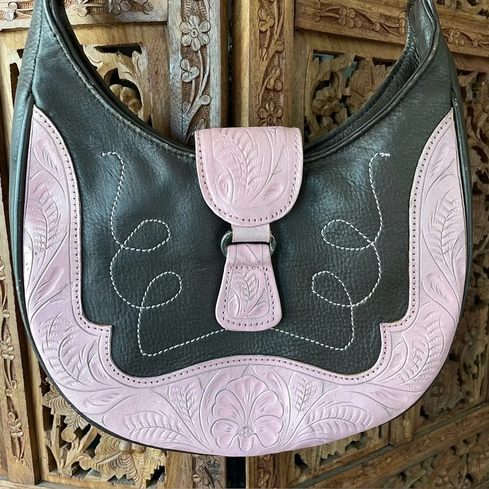 American West vintage tooled Leather Shoulder Bag - Pink and brown Floral - Picture 5 of 8
